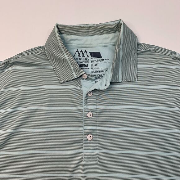 Matte Grey Polo Shirt Mens L Large Striped Stretch Side Seam Slit Short Sleeve - Picture 3 of 11